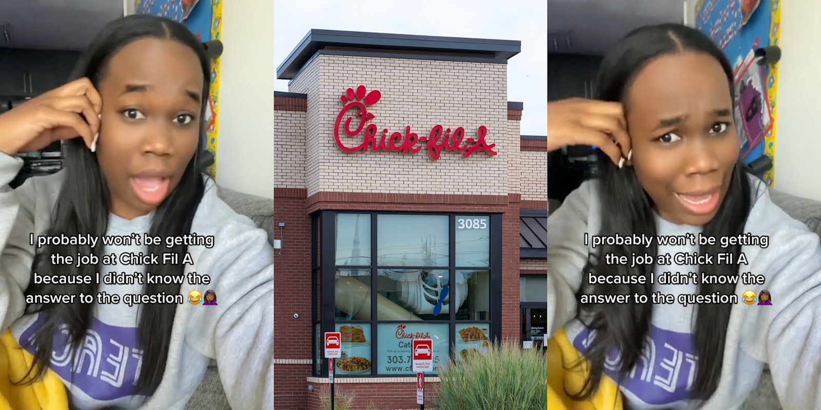 Teacher speaking with caption 'I probably won't be getting the job at Chick Fil A because I didn't know the answer to the question' (l) Chick-Fil-A building with sign (c) Teacher speaking with caption 'I probably won't be getting the job at Chick Fil A because I didn't know the answer to the question' (r)