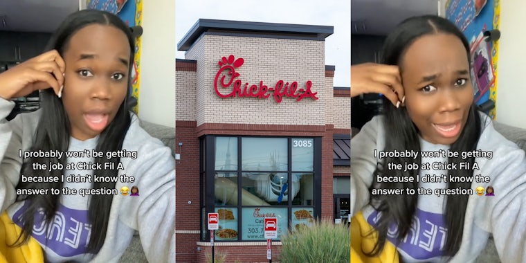 Teacher speaking with caption 'I probably won't be getting the job at Chick Fil A because I didn't know the answer to the question' (l) Chick-Fil-A building with sign (c) Teacher speaking with caption 'I probably won't be getting the job at Chick Fil A because I didn't know the answer to the question' (r)