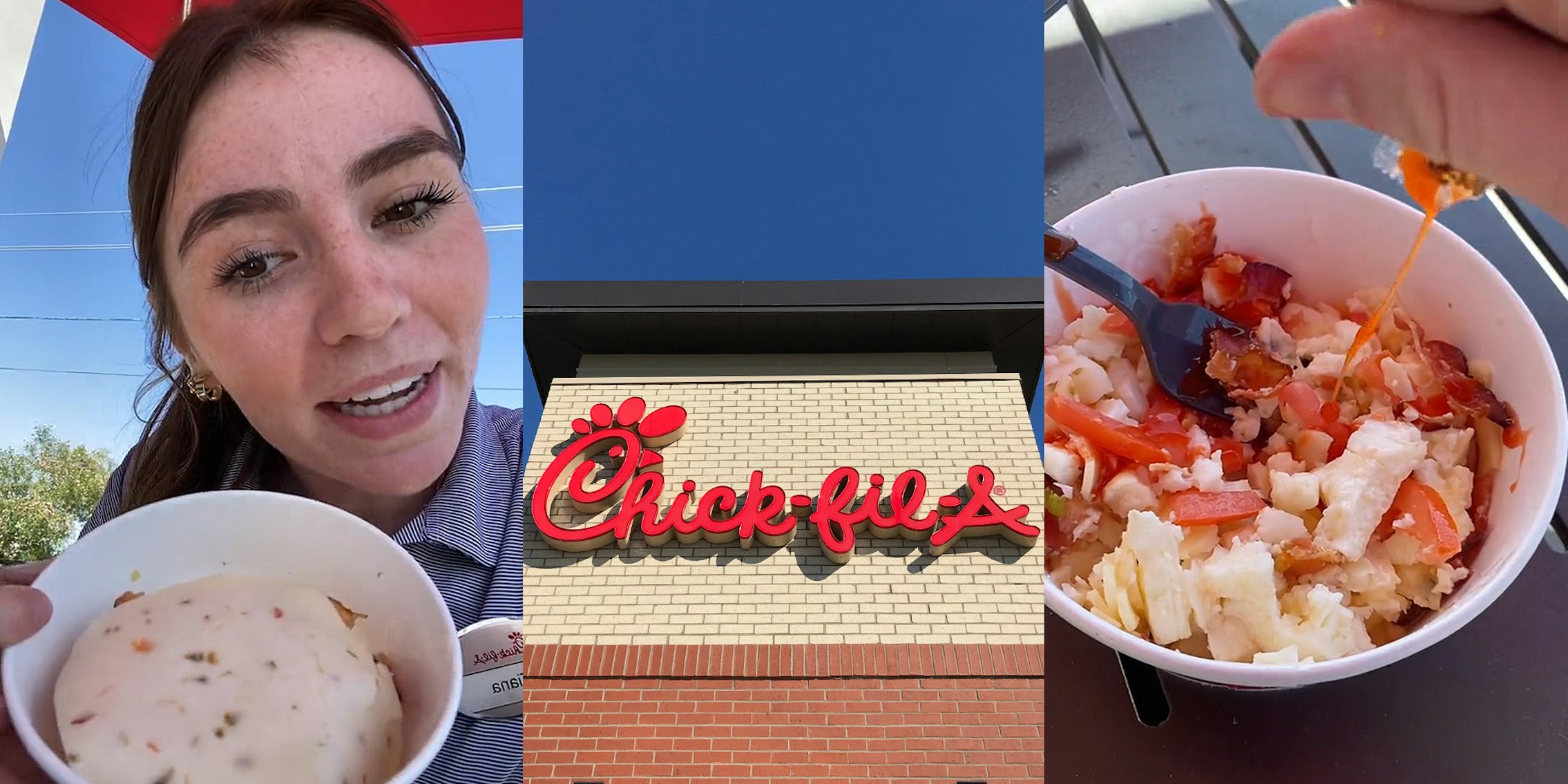 Chick-Fil-A employee speaking with eggs in bowl (l) Chick-Fil-A sign on building with blue sky (c) Chick-Fil-A breakfast bowl hack with sauce being poured on top (r)