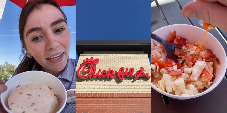 Chick-Fil-A employee speaking with eggs in bowl (l) Chick-Fil-A sign on building with blue sky (c) Chick-Fil-A breakfast bowl hack with sauce being poured on top (r)