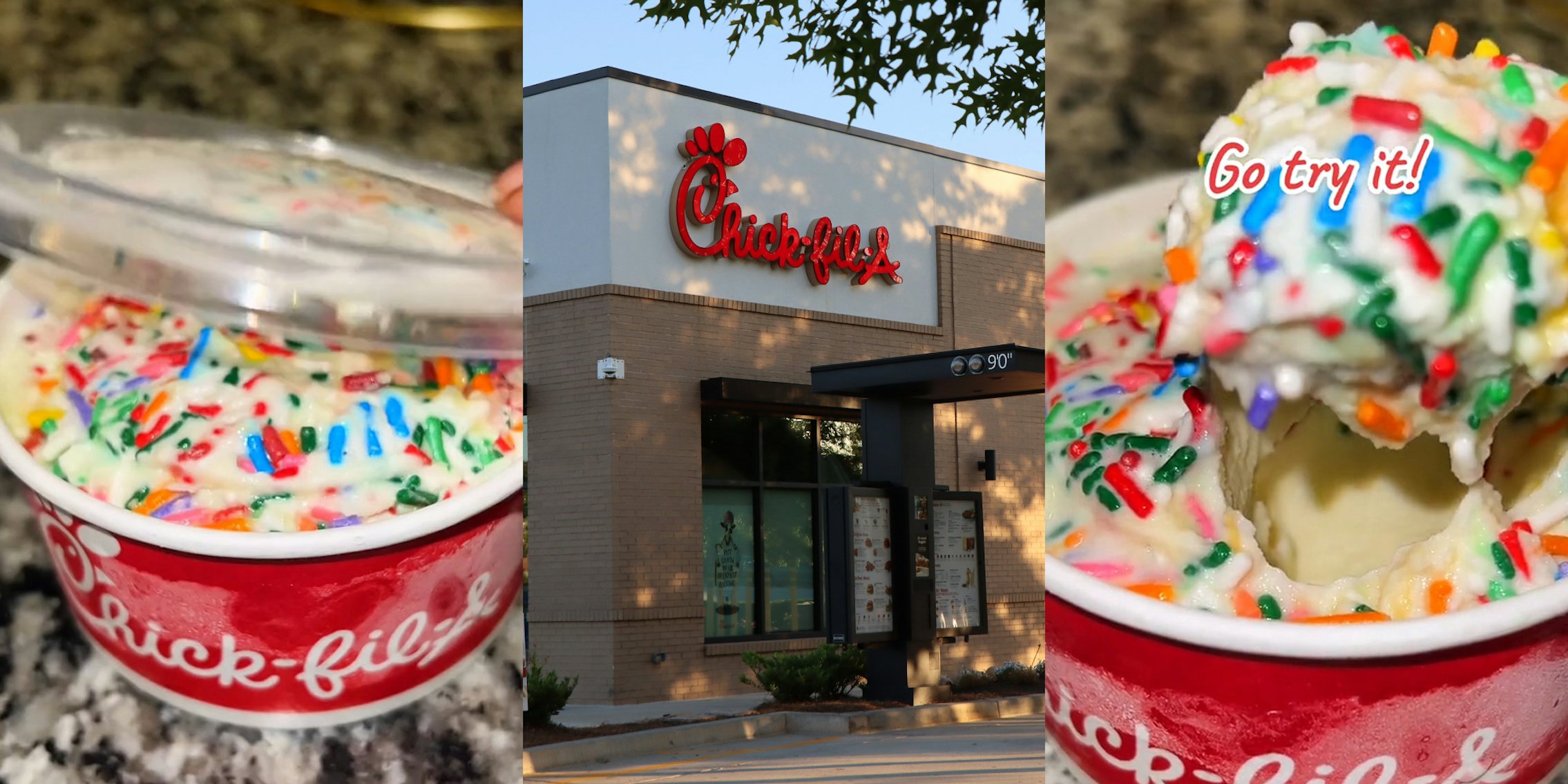Chick-Fil-A cup with sprinkles dessert on counter (l) Chick-Fil-A drive thru with sign on building (c) Chick-Fil-A cup with sprinkles dessert on counter with caption 'Go try it!' (r)
