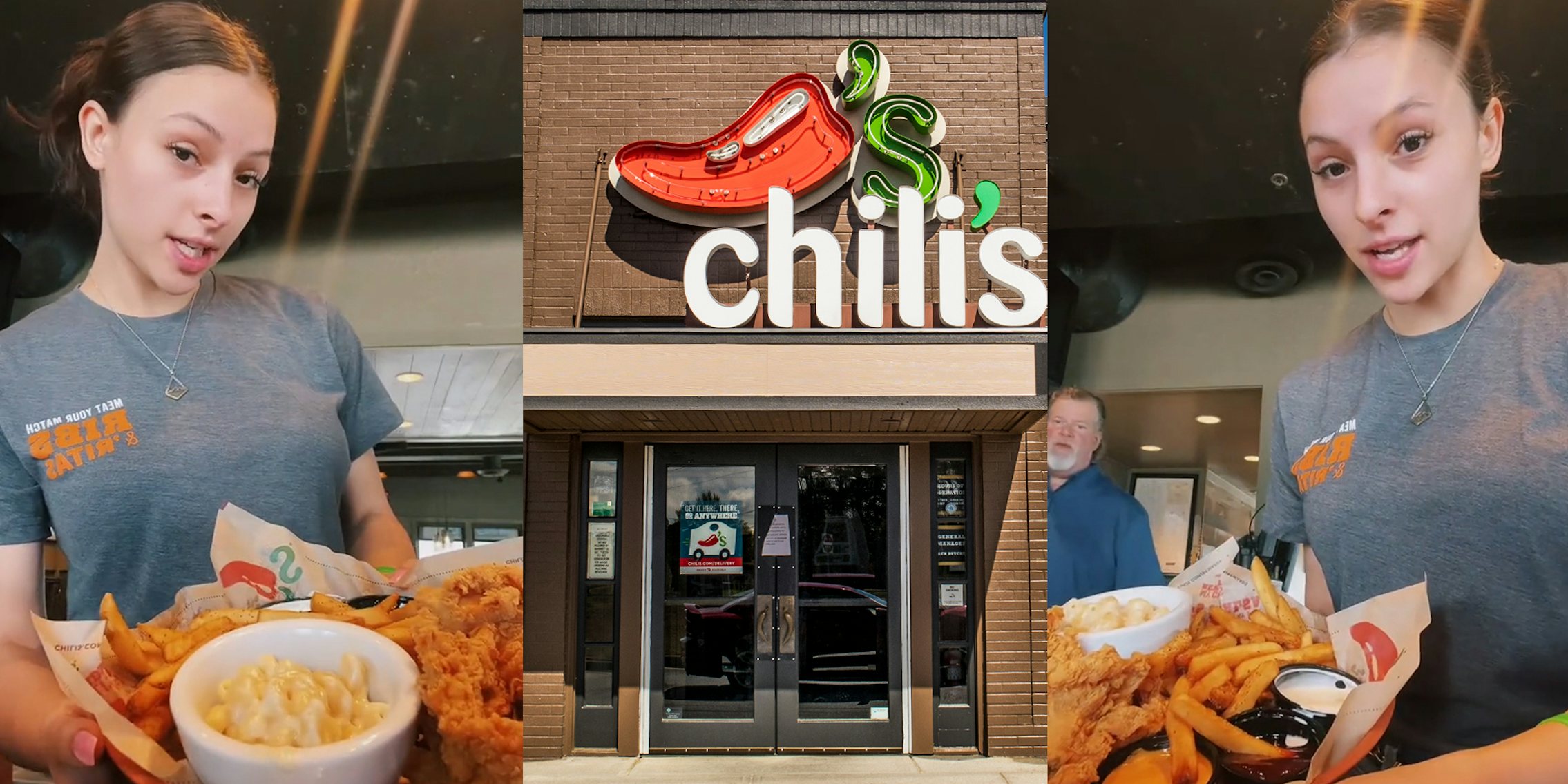 Chili's worker showing new mac n cheese meal (l) Chilis sign above entrance (c) Chili's worker showing new mac n cheese meal (r)