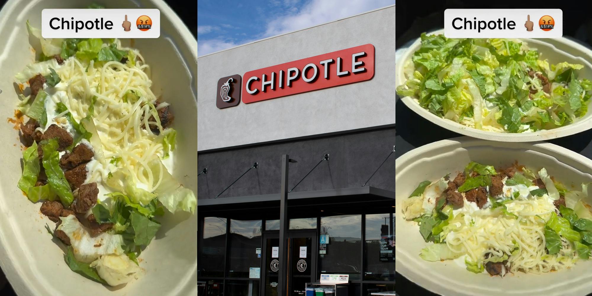 Chipotle food in bowl with caption "Chipotle" (l) Chipotle sign on building (c) Chipotle food in bowls with caption "Chipotle" (r)