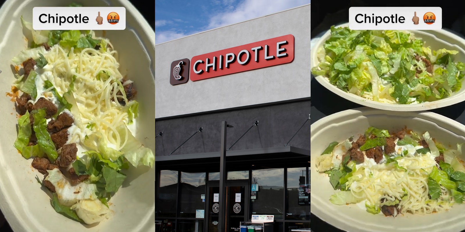 Chipotle food in bowl with caption 'Chipotle' (l) Chipotle sign on building (c) Chipotle food in bowls with caption 'Chipotle' (r)