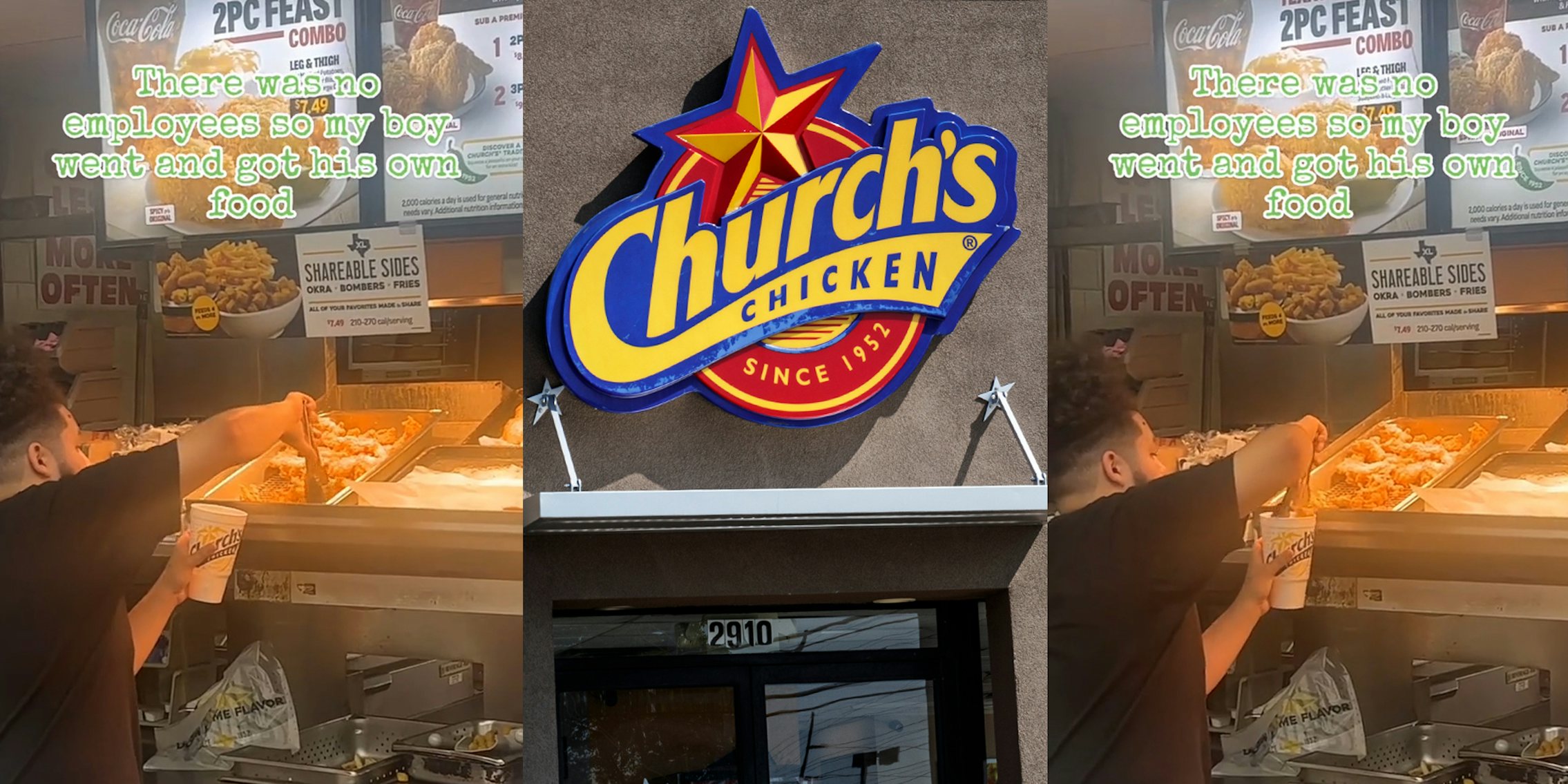 Church's Chicken customer getting their own food with caption 'There was no employees so my boy went and got his own food' (l) Church's Chicken sign above entrance (c) Church's Chicken customer getting their own food with caption 'There was no employees so my boy went and got his own food' (r)