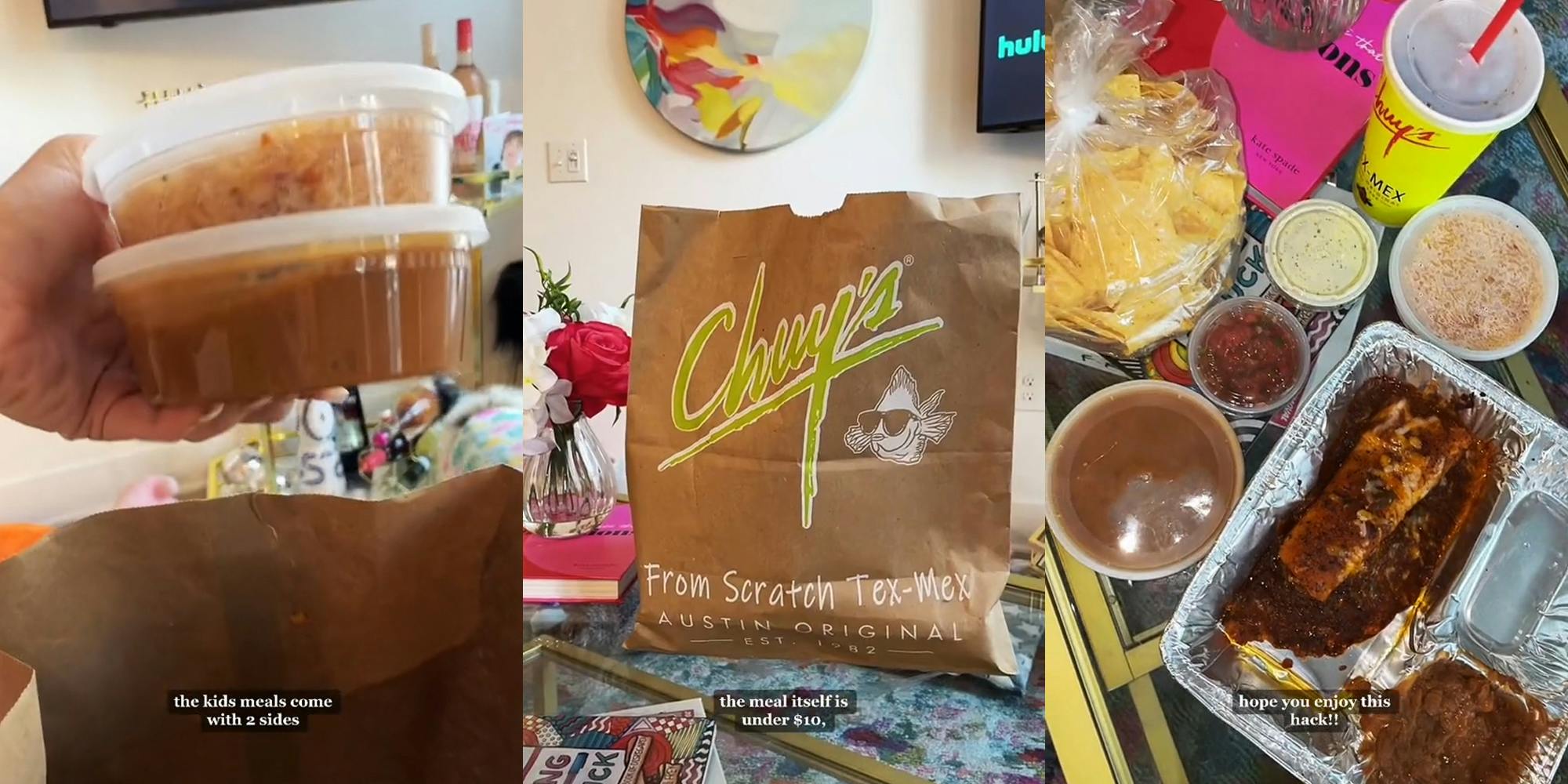Chuy's customer holding up 2 side dishes in containers with caption "the kids meals come with 2 sides" Chuy's bag of food on table with caption "the meal itself is under $10" (c) Chuy's food on table with caption "hope you enjoy this hack!" (r)
