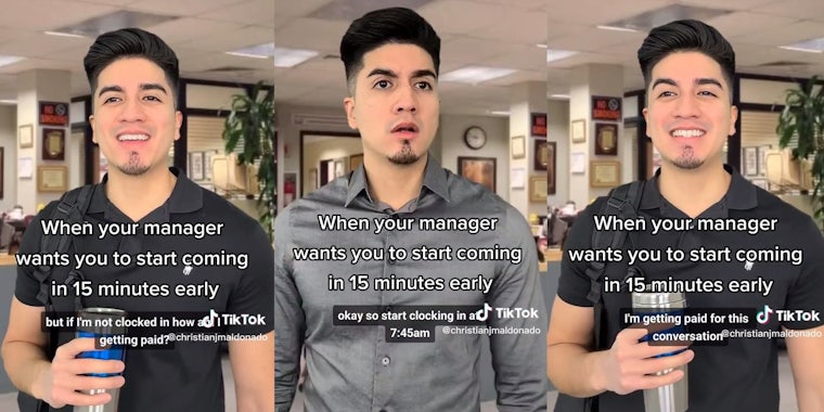 Manager asks worker to come in 15 minutes early, but that he's not allowed to clock in early