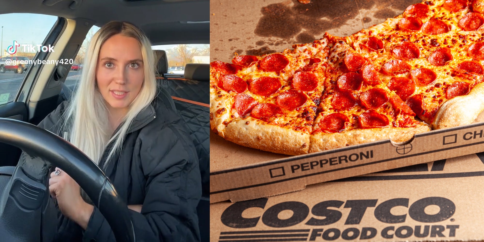 A person talking to the camera next to a picture of a Costco pizza.