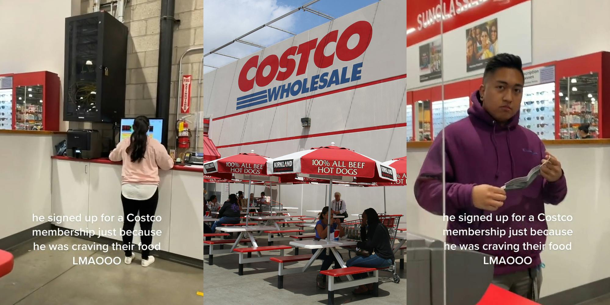 Costco employee with caption "he signed up for a Costco membership just because he was craving their food LMAOOO" (l) Costco outdoor food court (c) Costco employee with caption "he signed up for a Costco membership just because he was craving their food LMAOOO" (r)