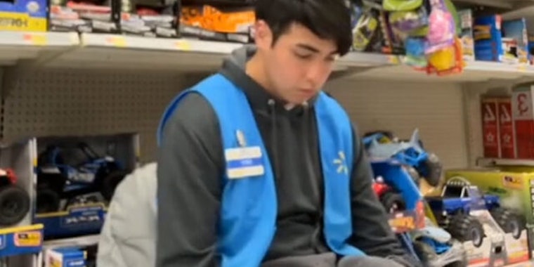 Walmart employee with caption 'Day in the life of a 19 year old working at Walmart' (l) Walmart aisle with items (c) Walmart employee (r)