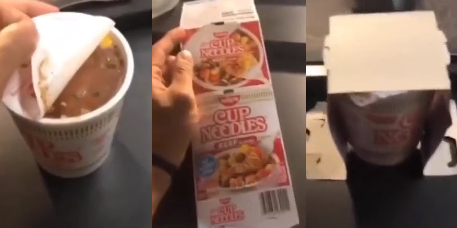 Cup Noodles on table (l) Cup Noodles packaging on table (c) Cup Noodles on table with packaging on top (r)