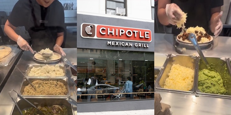 Chipotle worker scooping rice to put into customer's bowl (l) Chipotle sign on side of building with large window (c) Chipotle worker adding cheese to piled high bowl of food (r)