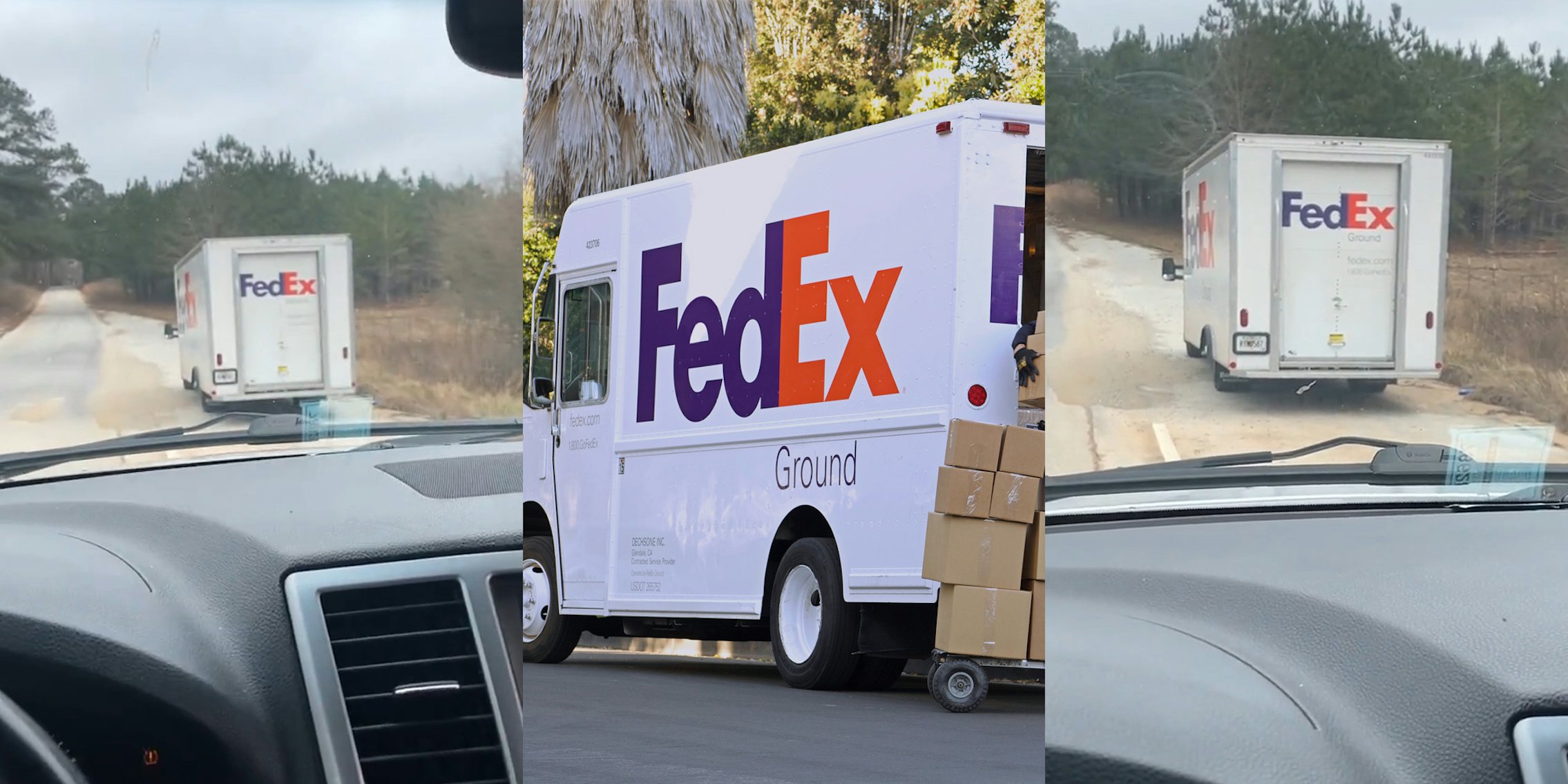 FedEx truck on side of road seen from windshield of car (l) FedEx truck with boxes (c) FedEx truck on side of road seen from windshield of car (r)