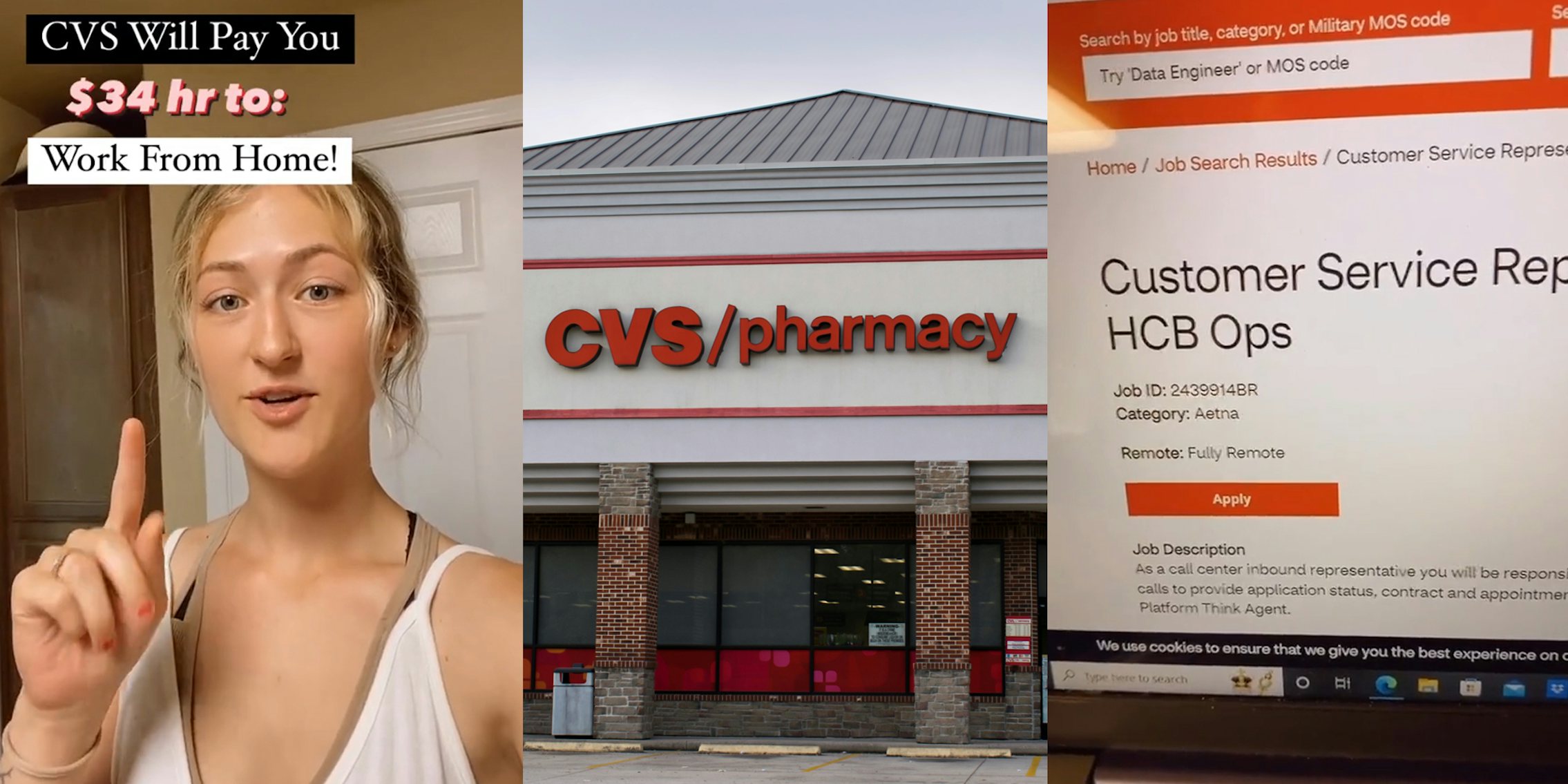 worker speaking with caption 'CVS Will Pay You $34 hr to: Work From Home!' (l) CVS/Pharmacy sign on building (c) CVS website remote job listings on computer screen (r)