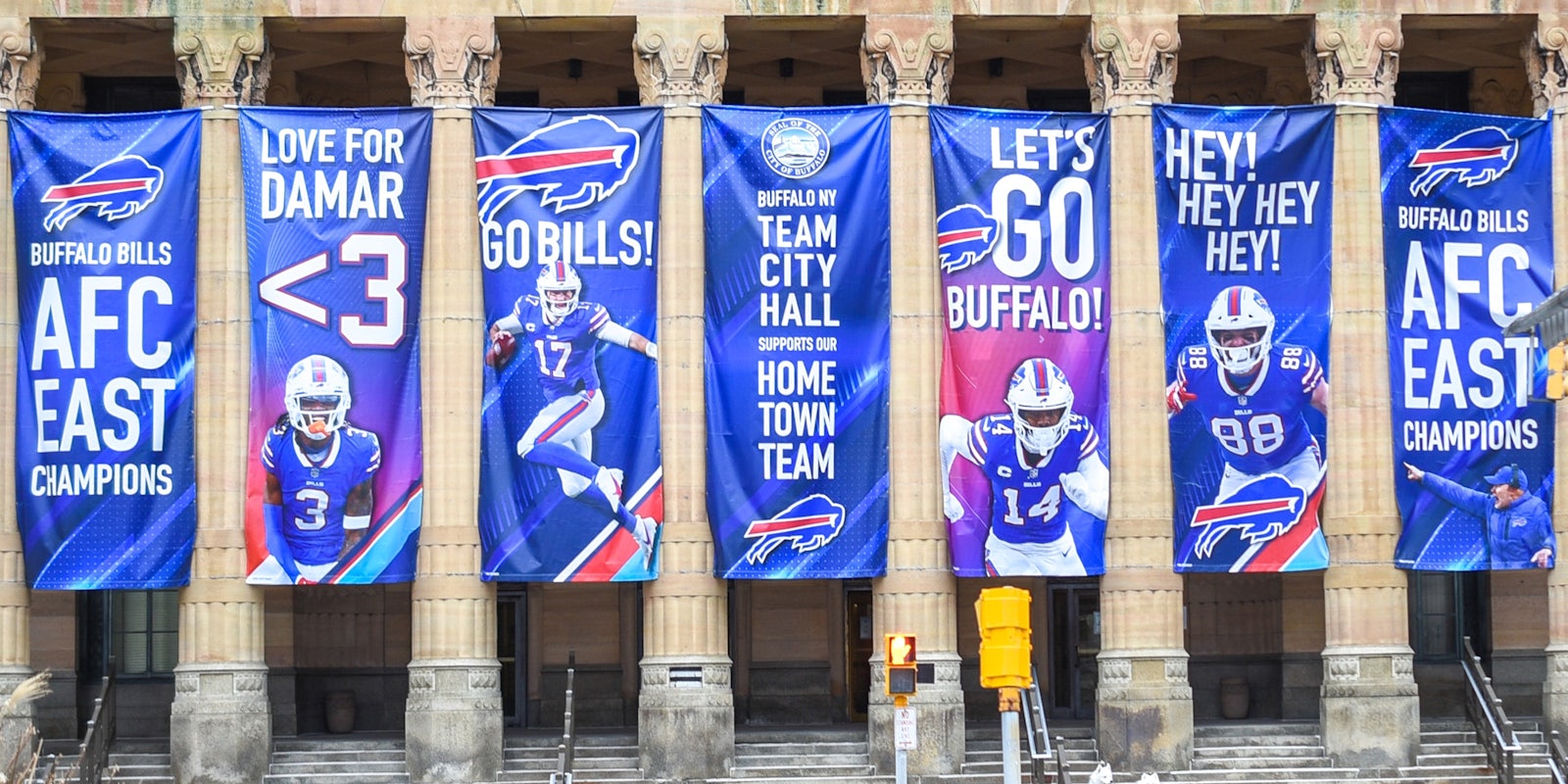Buffalo,USA- February 12, 2023: Buffalo Bills AFC Champion Silks Hanging on Buffalo City Hall
