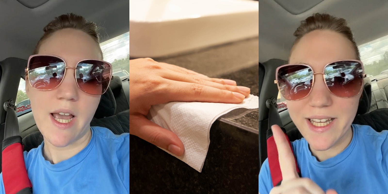 topless maid speaking in car (l) hand wiping counter with paper towel (c) topless maid speaking in car (r)