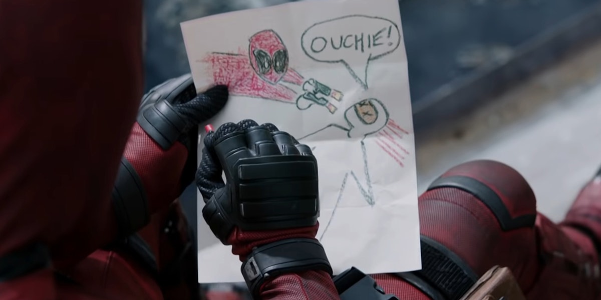 Deadpool writing with crayons on paper from Deadpool