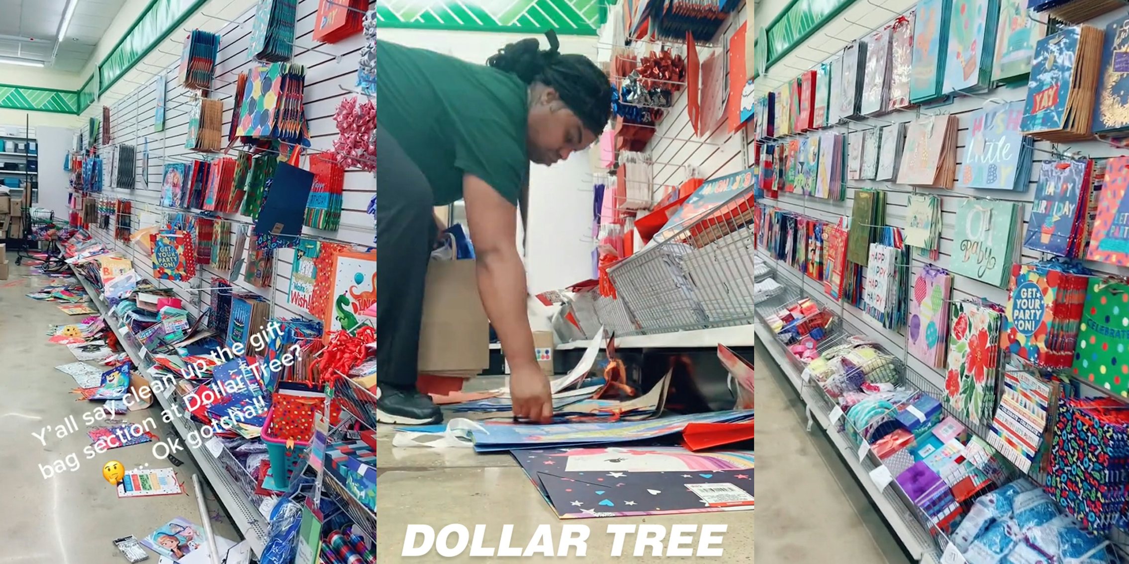 Dollar Tree gift bag section unorganized with caption 'Y'all say clean up the gift bag section at Dollar Tree? ...Ok gotcha!!' (l) Dollar Tree worker organizing bags with Dollar Tree logo at bottom (c) Dollar Tree gift ag area clean (r)