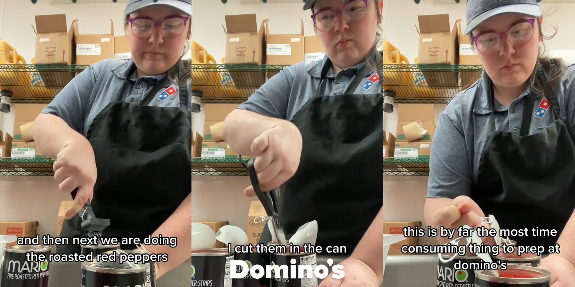 Domino's employee prepping roasted red peppers with caption "and then next we are doing the roasted red peppers" (l) Domino's employee prepping roasted red peppers with caption "I cut them in the can" with Domino's logo at bottom (c) Domino's employee prepping roasted red peppers with caption "this is by far the most time consuming thing to prep at domino's" (r)