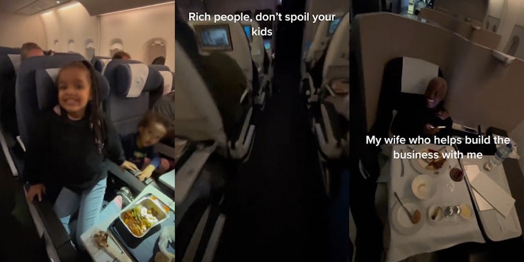 kids in economy seats in plane (l) person walking through plane aisle with caption 'Rich people, don't spoil your kids' (c) woman seated in first class in plane with caption 'My wife who helps build the business with me' (r)