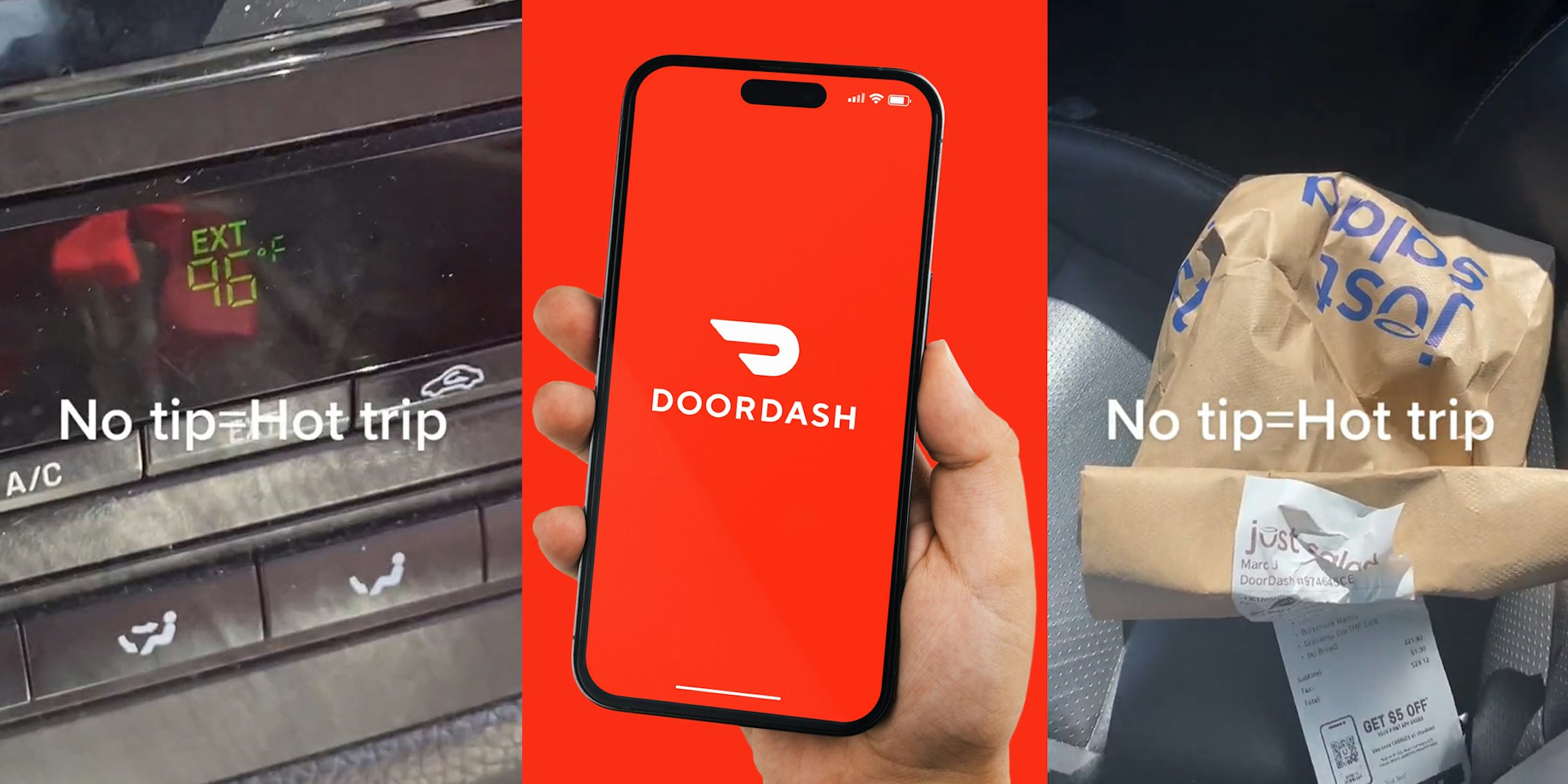 car temperature reading 96F with caption 'No tip=Hot trip' (l) hand holding phone with DoorDash on screen in front of red background (c) salad DoorDash delivery in car with caption 'No tip=Hot trip' (r)