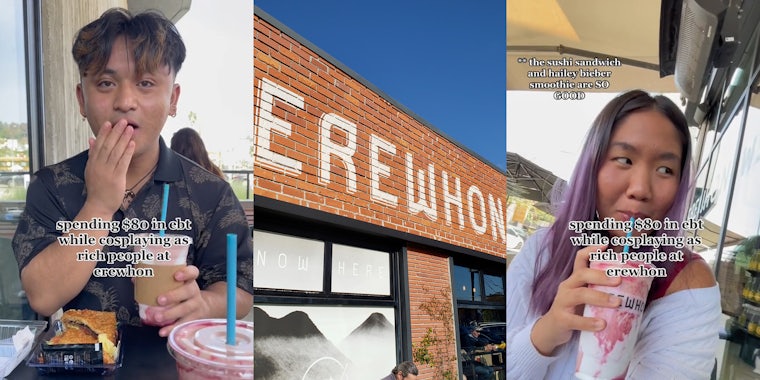Erewhon customer with caption 'spending $80 in ebt while cosplaying as rich people at erewhon' (l) Erewhon logo painted on brick building (c) Erewhon customer with caption 'spending $80 in ebt while cosplaying as rich people at erewhon' '**the sushi sandwich and hailey beiber smoothie are SO GOOD' (r)