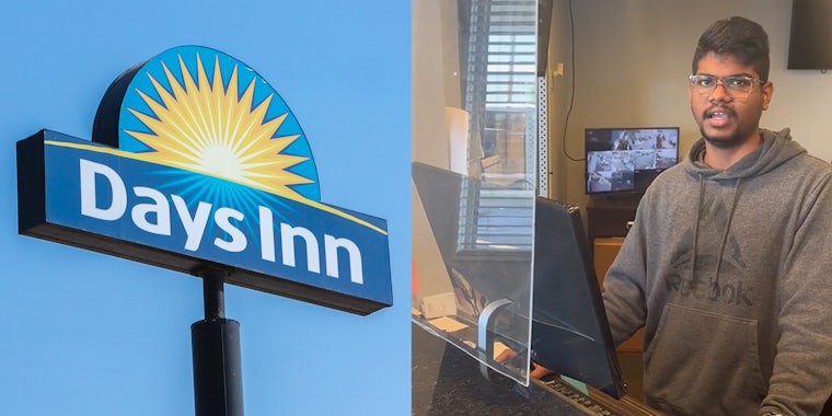 Days Inn sign in front of blue sky (l) Days Inn employee speaking at desk (r)