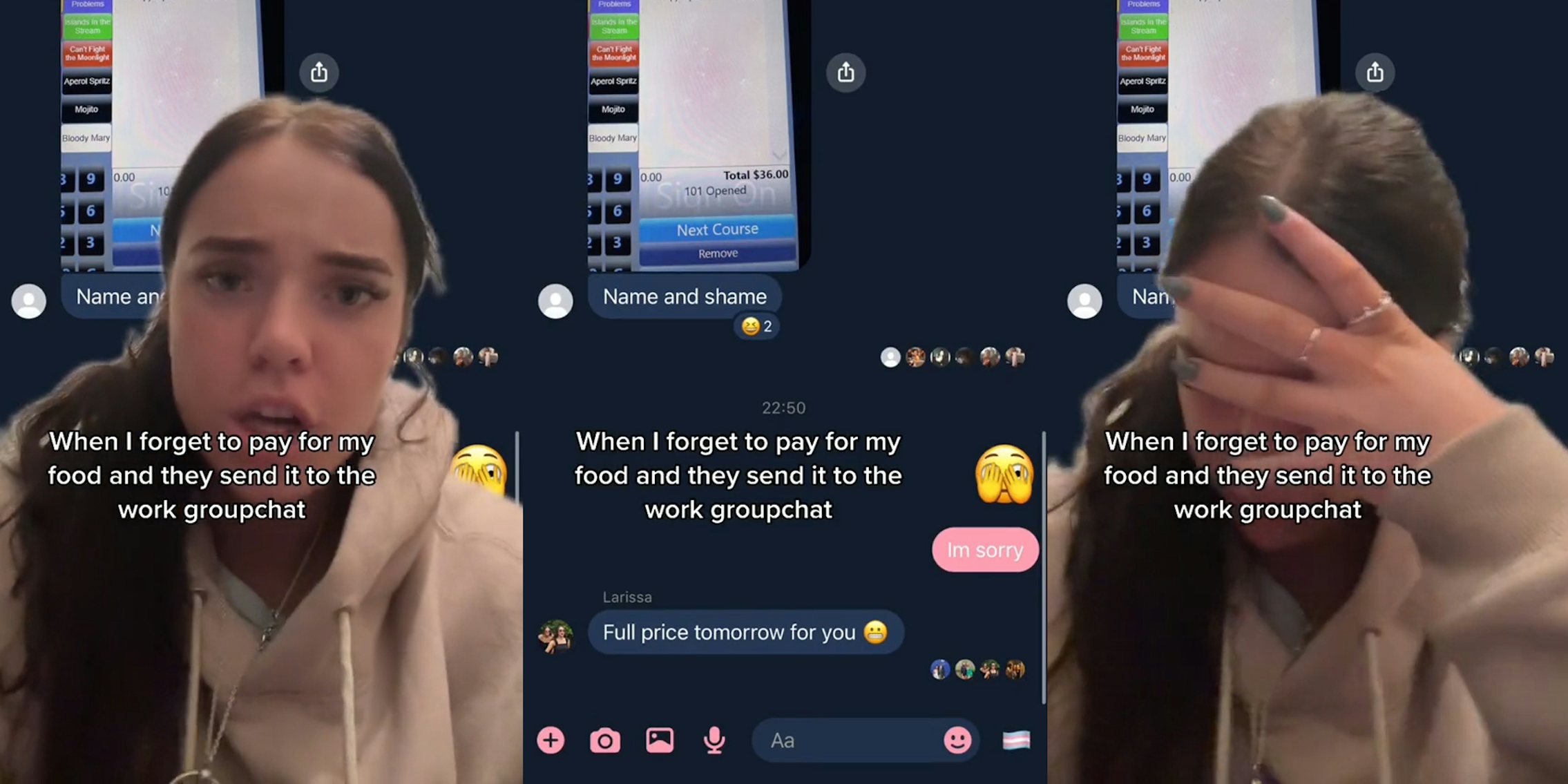 worker greenscreen TikTok over group chat with caption 'When I forgot to pay for my food and they send it to the work groupchat' (l) group chat with caption 'When I forgot to pay for my food and they send it to the work groupchat' (c) worker greenscreen TikTok over group chat with caption 'When I forgot to pay for my food and they send it to the work groupchat' (r)
