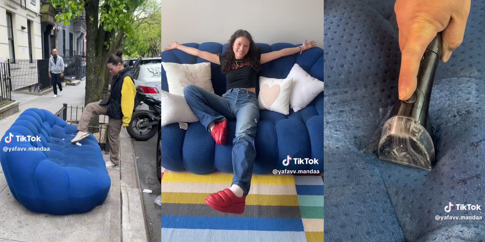 woman sitting on a blue couch with her arms out after having it professionally cleaned. the couch is from designer Sacha Lakic and was found on the street in nyc.