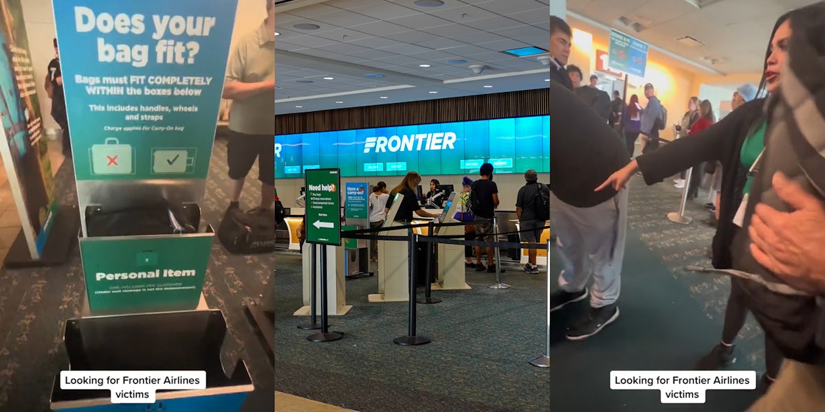 Frontier Airlines bag size check area with caption 'Looking for Frontier Airlines victims' (l) Frontier Airlines interior with screen sign (c) Frontier Airlines bag size check area employee speaking with caption 'Looking for Frontier Airlines victims' (r)