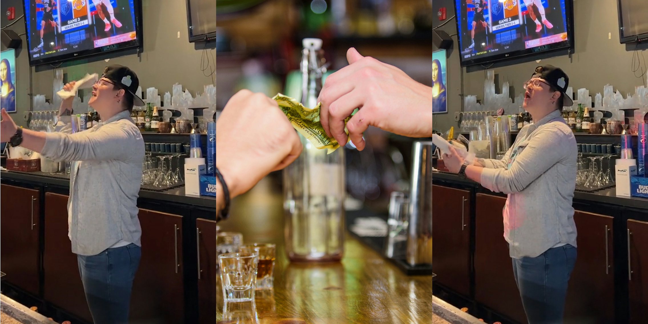 bartender speaking behind bar with hands out (l) customer tipping bartender (c) bartender speaking behind bar with hands out (r)