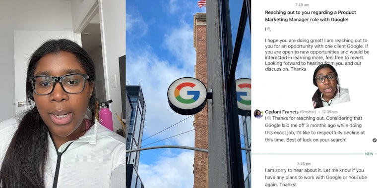 former Google employee speaking (l) Google sign on building with blue sky (c) former Google employee greenscreen TikTok over chat with Google (r)