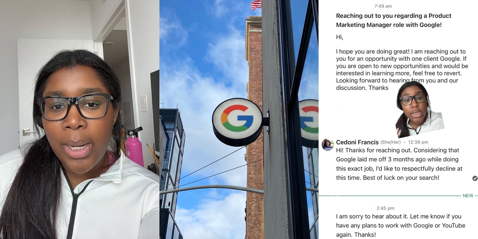 former Google employee speaking (l) Google sign on building with blue sky (c) former Google employee greenscreen TikTok over chat with Google (r)