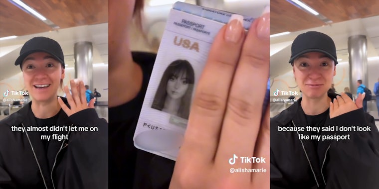 woman with passport and caption 'they almost didn't let me on my flight because they said i don't look like my passport'