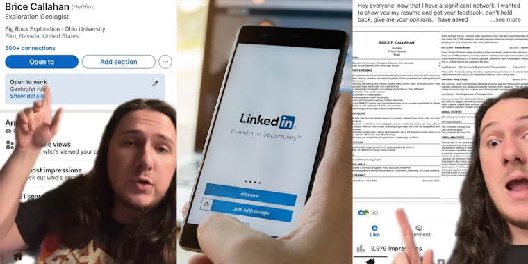worker greenscreen TikTok over LinkedIn profile (l) hand holding phone with LinkedIn on screen (c) worker greenscreen TikTok over post that reached 9,979 people (r)