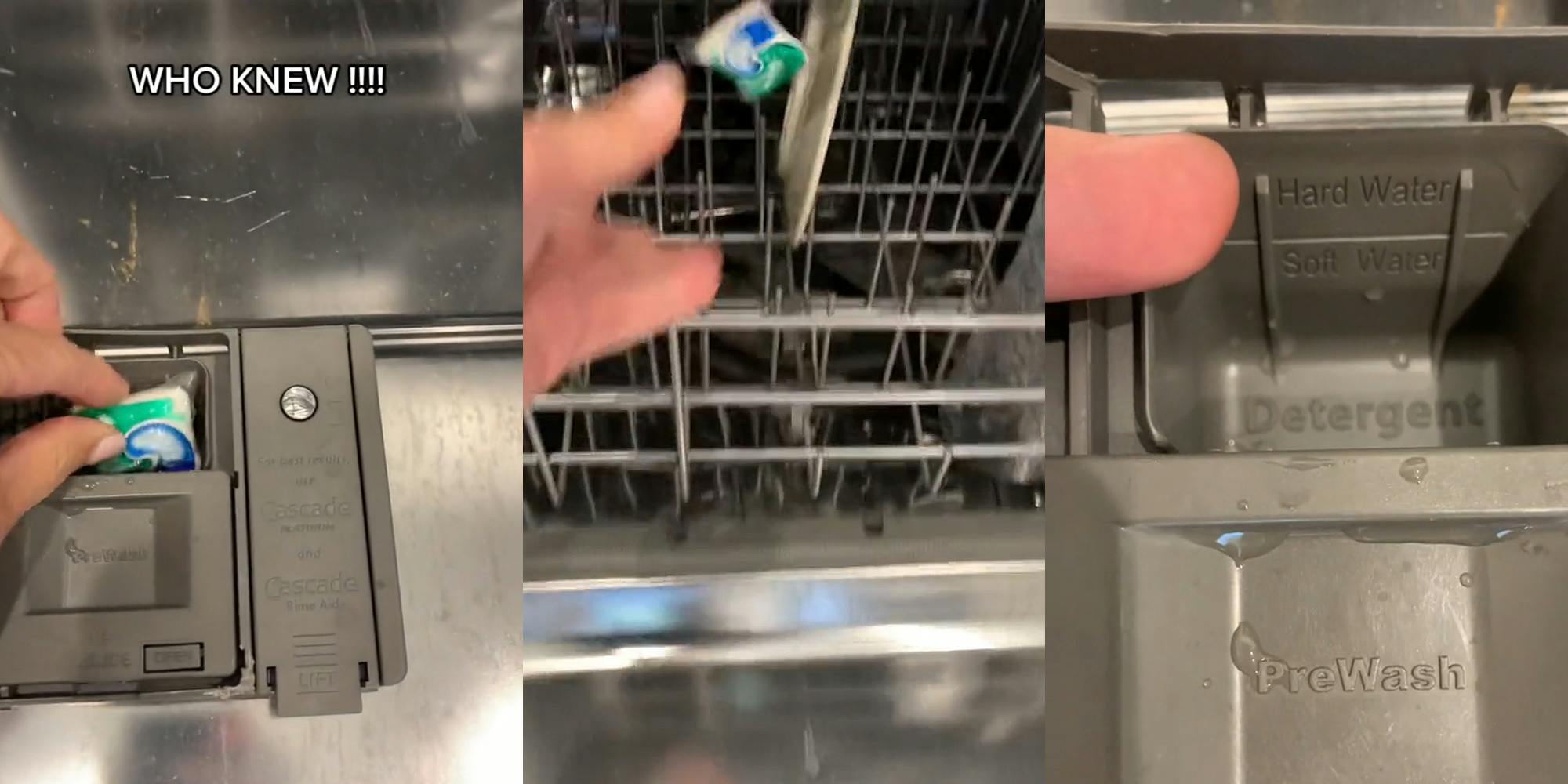 hand loading detergent pod into dishwasher detergent compartment with caption "WHO KNEW!!!!" (l) hand throwing detergent pod into dishwasher (c) finger pointing to detergent compartment of dishwasher (r)