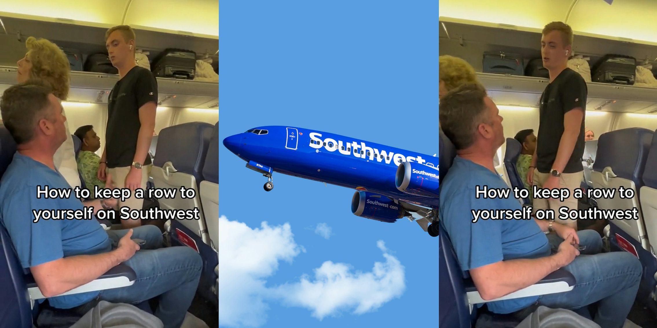 Southwest Airlines passengers on board with caption 'How to keep a row to yourself on Southwest' (l) Southwest Airlines plane in sky (c) Southwest Airlines passengers on board with caption 'How to keep a row to yourself on Southwest' (r)