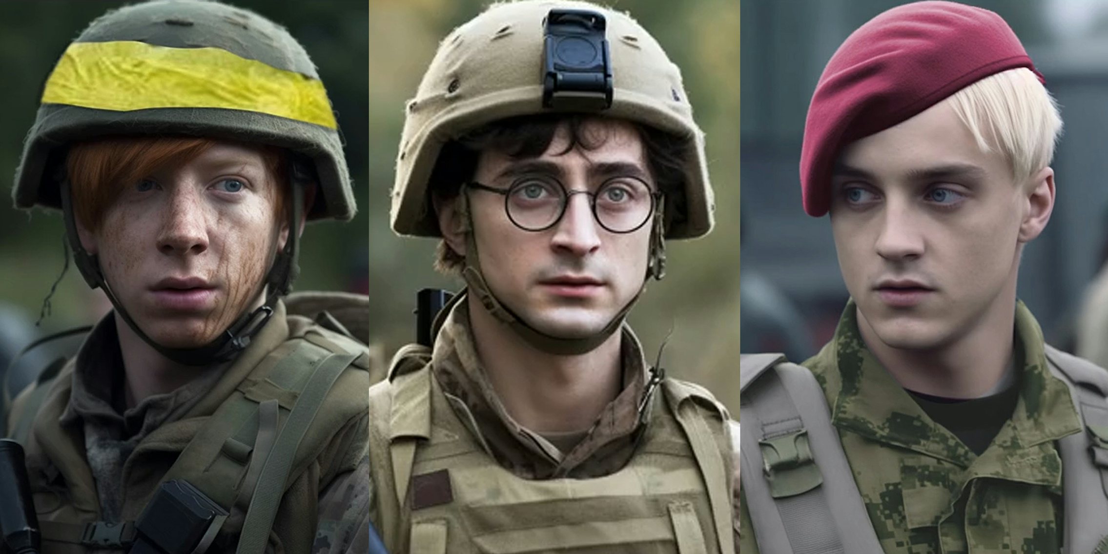 Ronald Weasley from Harry Potter ai military art (l) Harry Potter from Harry Potter ai military art (c) Draco Malfoy from Harry Potter ai military art (r)