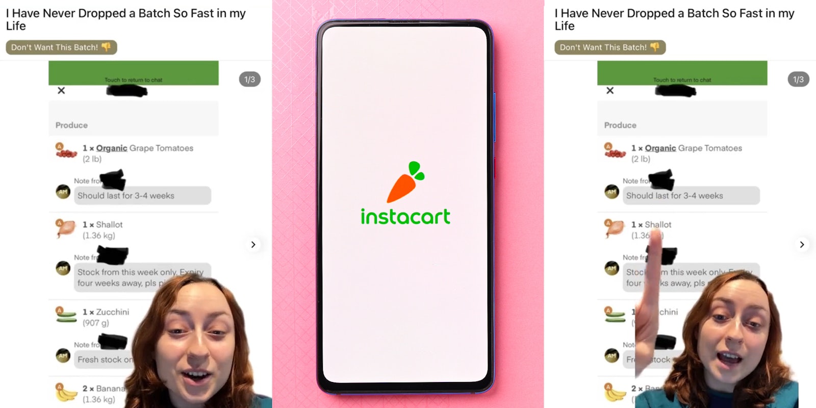 person greenscreen TikTok over image of Instacart order (l) Instacart on phone screen in front of pink background (c) person greenscreen TikTok over image of Instacart order (r)