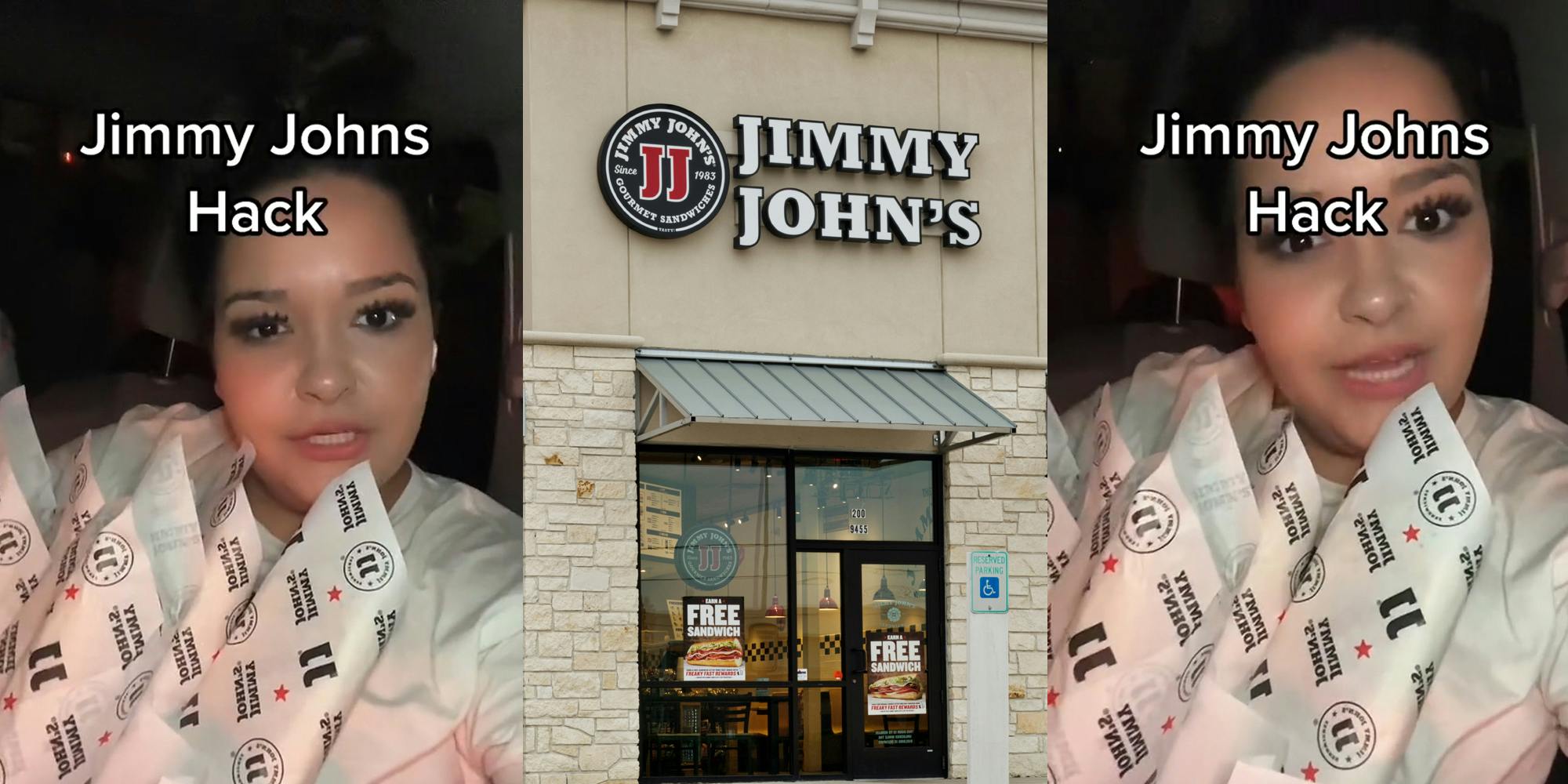 Jimmy John's customer speaking in car holding bread with caption "Jimmy John's hack" (l) Jimmy John's building with sign (c) Jimmy John's customer speaking in car holding bread with caption "Jimmy John's hack" (r)