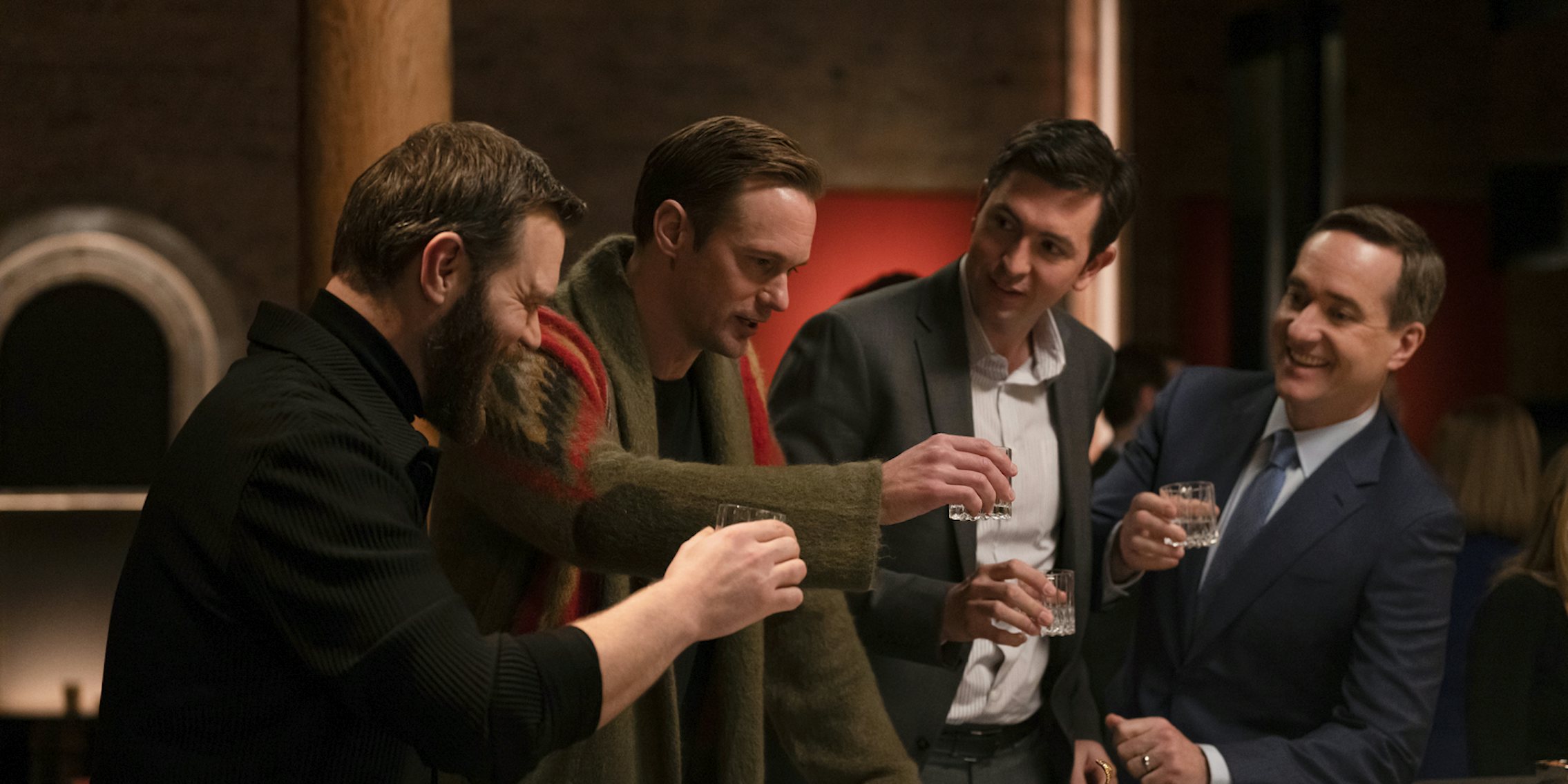four men taking shots at a bar in the finale of hbo's succession