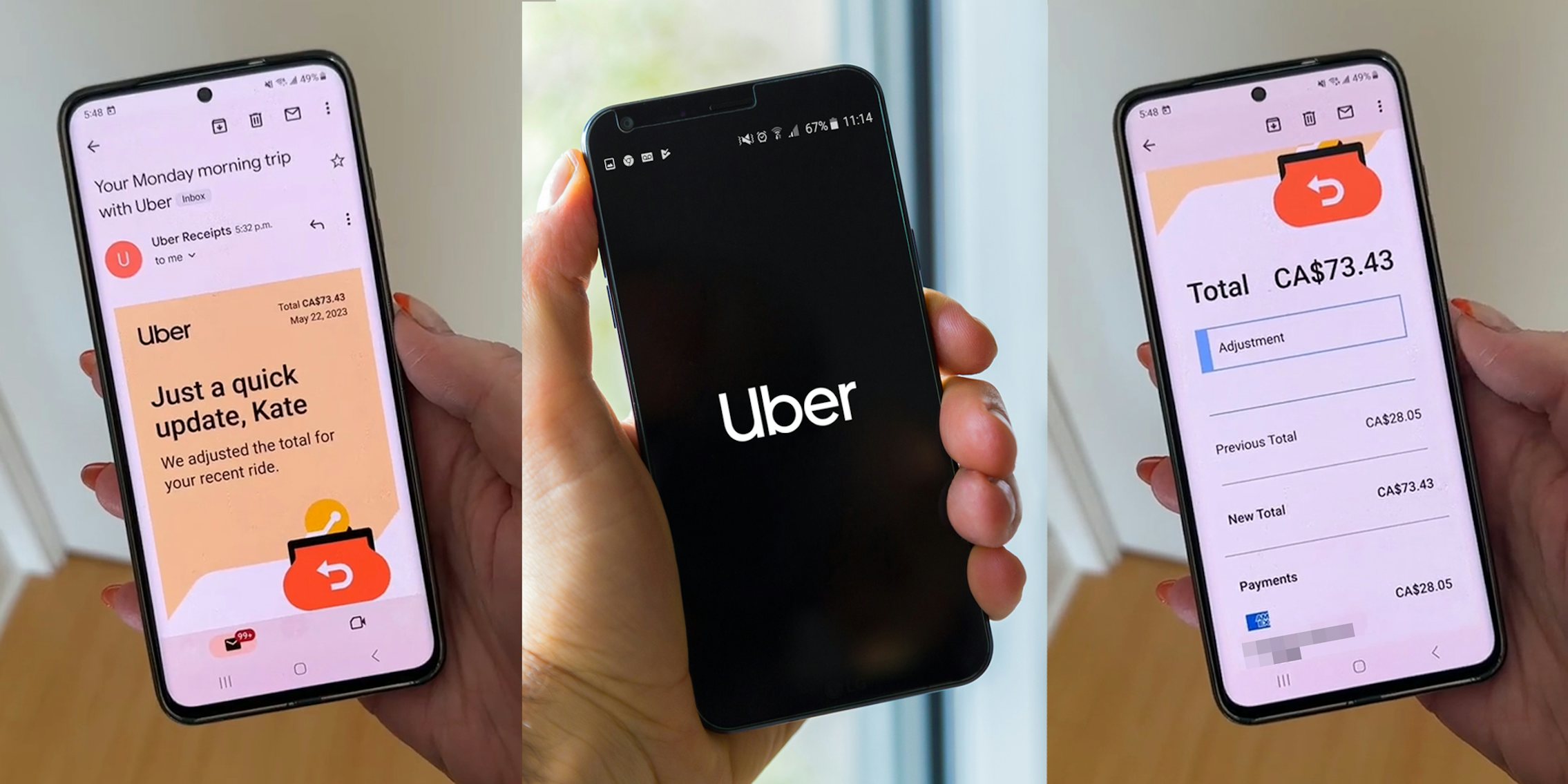 hand holding phone on Uber update message (l) hand holding phone with Uber on screen (c) hand holding phone on Uber update price message (r)