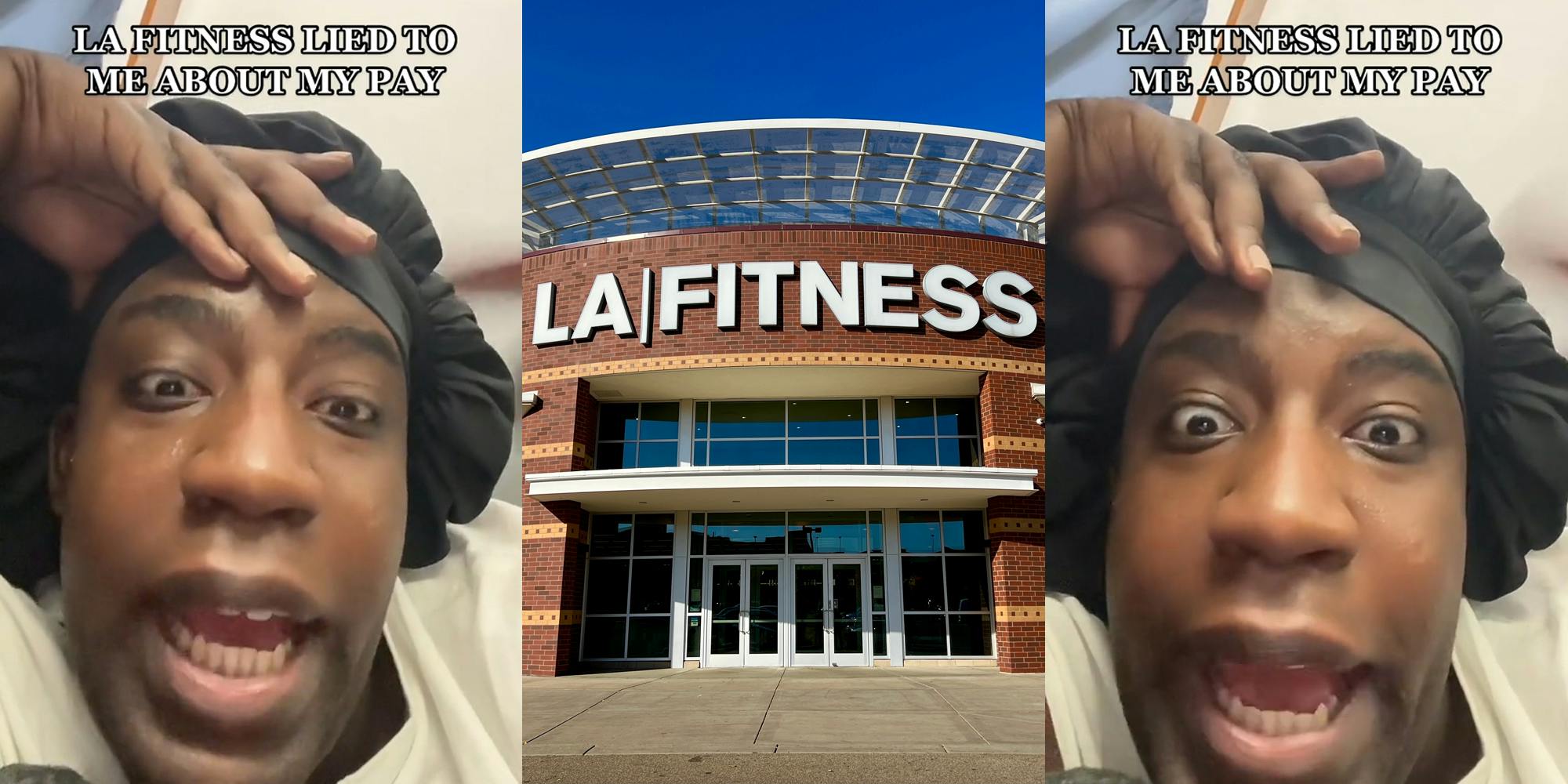 LA Fitness worker speaking with caption "LA FITNESS LIED TO ME ABOUT MY PAY" (l) LA Fitness building with sign (c) LA Fitness worker speaking with caption "LA FITNESS LIED TO ME ABOUT MY PAY" (r)