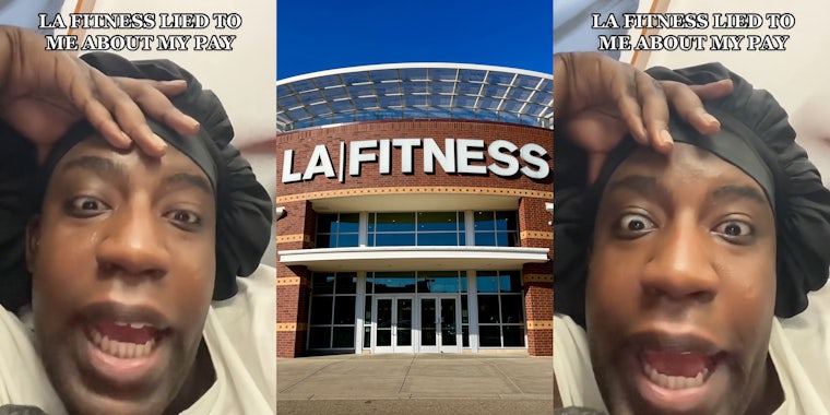 LA Fitness worker speaking with caption 'LA FITNESS LIED TO ME ABOUT MY PAY' (l) LA Fitness building with sign (c) LA Fitness worker speaking with caption 'LA FITNESS LIED TO ME ABOUT MY PAY' (r)