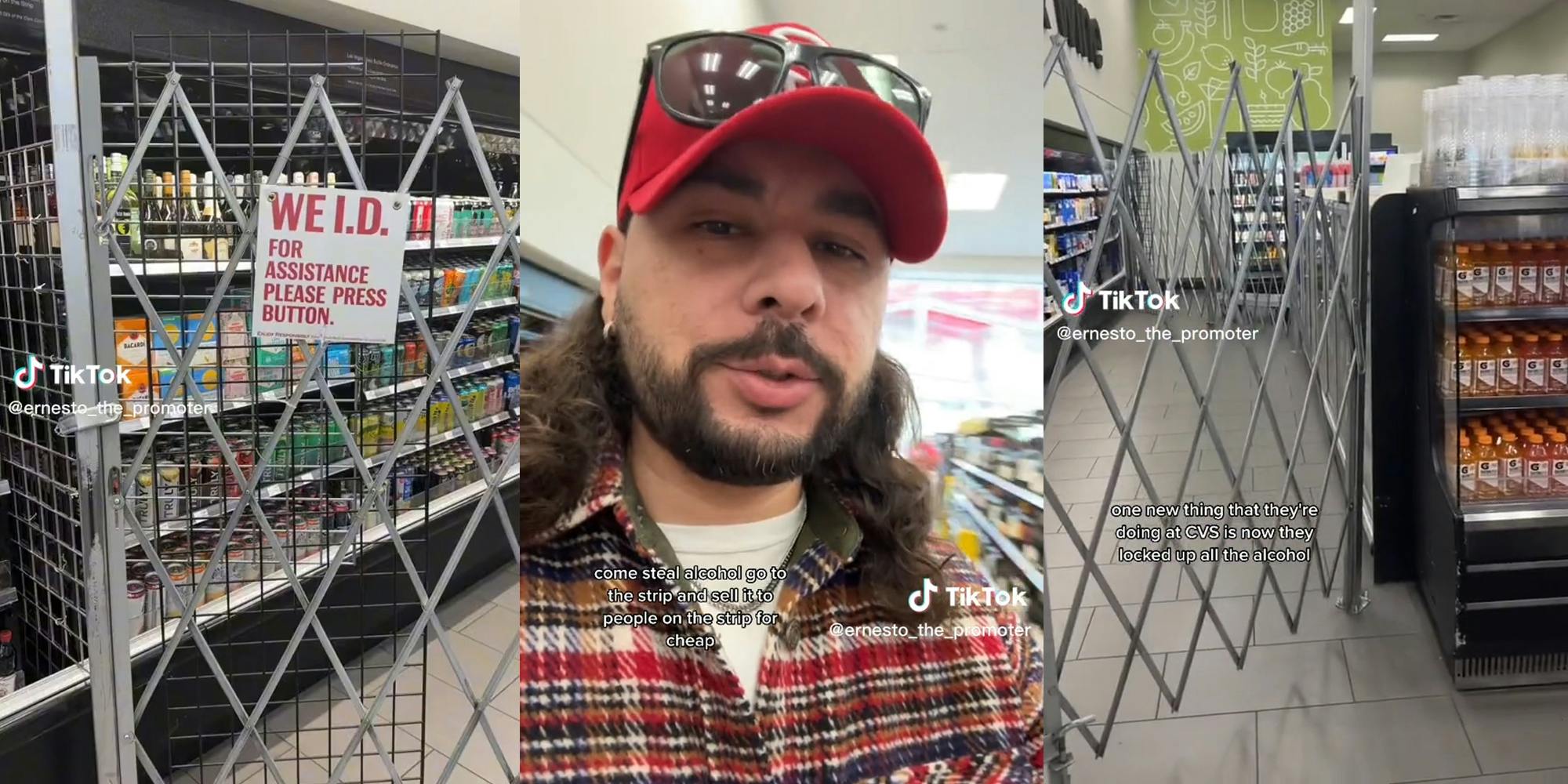 man shows locked alcohol section