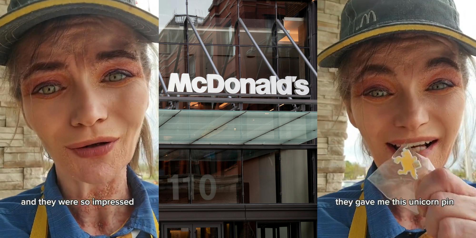 McDonald's employee speaking with caption "and they were so impressed" (l) McDonald's sign above corporate building entrance (c) McDonald's employee holding unicorn pin speaking with caption "they gave me this unicorn pin" (r)