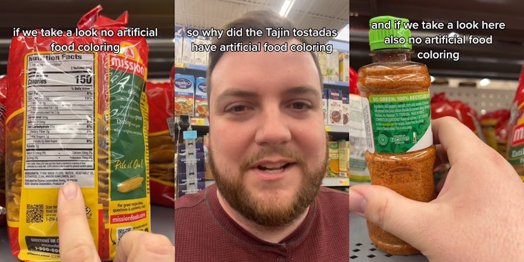 finger pointing to ingredients list on Mission Tostados with caption 'if we take a look no artificial food coloring' (c) customer speaking with caption 'so why did the Tajin tostadas have artificial food coloring' (c) finger pointing to ingredients list on Tajin with caption 'and if we take a look here also no artificial food coloring' (r)