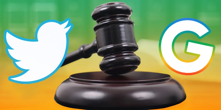 wooden gavel centered with Twitter and Google logo to wither side in front of green to yellow gradient background Passionfruit Remix