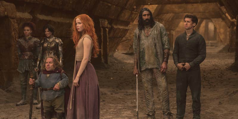 (l-r) erin kellyman as jade, ruby cruz as kit, warwick davis as willow ufgood, ellie bamber as elora, amar chadha-patel as boorman, and dempsey bryk as airk in willow (2022 disney+ series)