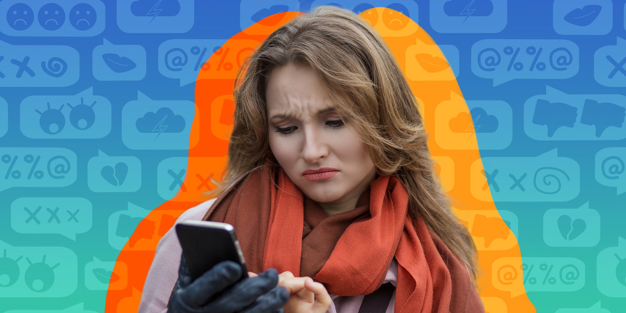 sad woman looking at phone in front of blue to green vertical gradient background with negative social media comments icons Passionfruit Remix